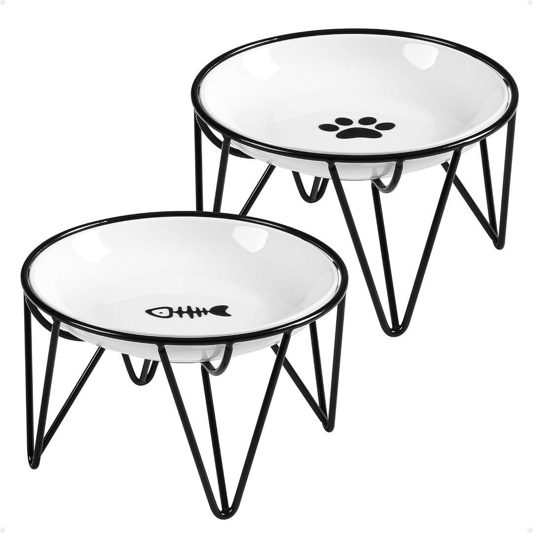 Ceramic Cat Bowls, 2 Pack - Raised, Whisker Friendly, Anti-Vomiting Cat Food Plates - Hygienic, Secure Material, Elegant Stand, 10 oz, for Indoor Cats & Kittens (fishbone+cat paw)