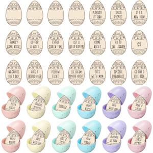 56 Set Wooden Easter Eggs Filler Tokens Wood Reward Tokens Bulk Easter Egg Hunt Token Basket Stuffer Gift for Adult with 56-color Plastic Eggshell for Basket Stuffers Family Spring Party