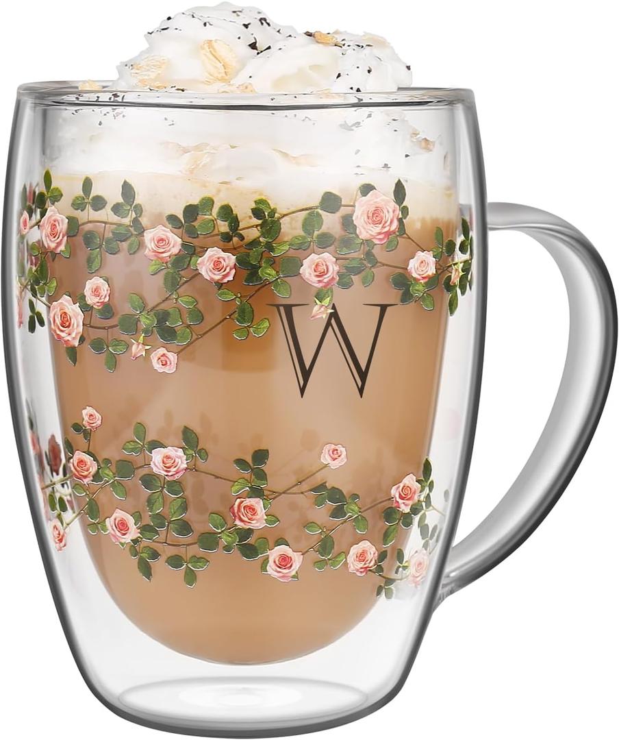 Initial Glass Cup for Women, 12oz Rose Double Walled Glass Coffee Mugs, Personalized Gifts for Women, Initial Coffee Tea Mug with Scarf, Birthday Wedding Gifts for Her Mom Teacher (ROSE-W) Initial Glass Cup for Women, 12oz Rose Double Walled Glass Coffee Mugs, Personalized Gifts for Women, Initial Coffee Tea Mug with Scarf, Birthday Wedding Gifts for Her Mom Teacher (ROSE-W)