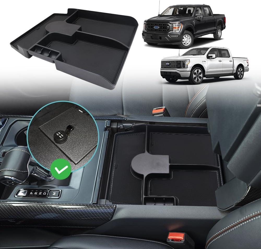 BestEvMod for F150& Lightning Center Console Organizer,Insert Center Console Safe Box Tray Only Fit Installed OEM Safe Box Vault Compatible with 2021-2025 Ford F150 F-150 Lightning Accessories (Black)