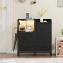 Somdot Black Nightstand with Charging Station and LED Light, Wide 5 Drawers Dresser for Bedroom with Fabric Bins and Open Shelf for Bedroom Kids Closet Dorm Guest Room, Black
