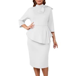 Plus Size Dress for Curvy Women Semi Formal Cocktail Party Midi Dress Bodycon Long Sleeve Bow Ruffle Pencil Dresses (XX-Large Plus, 5427-5 White)
