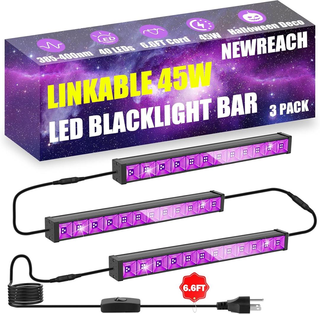 45W*3 Linkable Black Light Bar LED Blacklight with 6.6ft Cord, Glow in The Dark Each Light Up 28x28ft for Neon Party, Body Paint, Fluorescent Poster, Birthday, Halloween, Bedroom