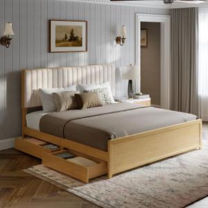 Novilla Wooden King Bed Frame with Storage Drawers, Natural Grain Wood, 3-Height Adjustable Sea-Lion Velvet Upholstered Headboard, Metal Support, Noise-Free, No Box Spring Needed, Easy Assembly