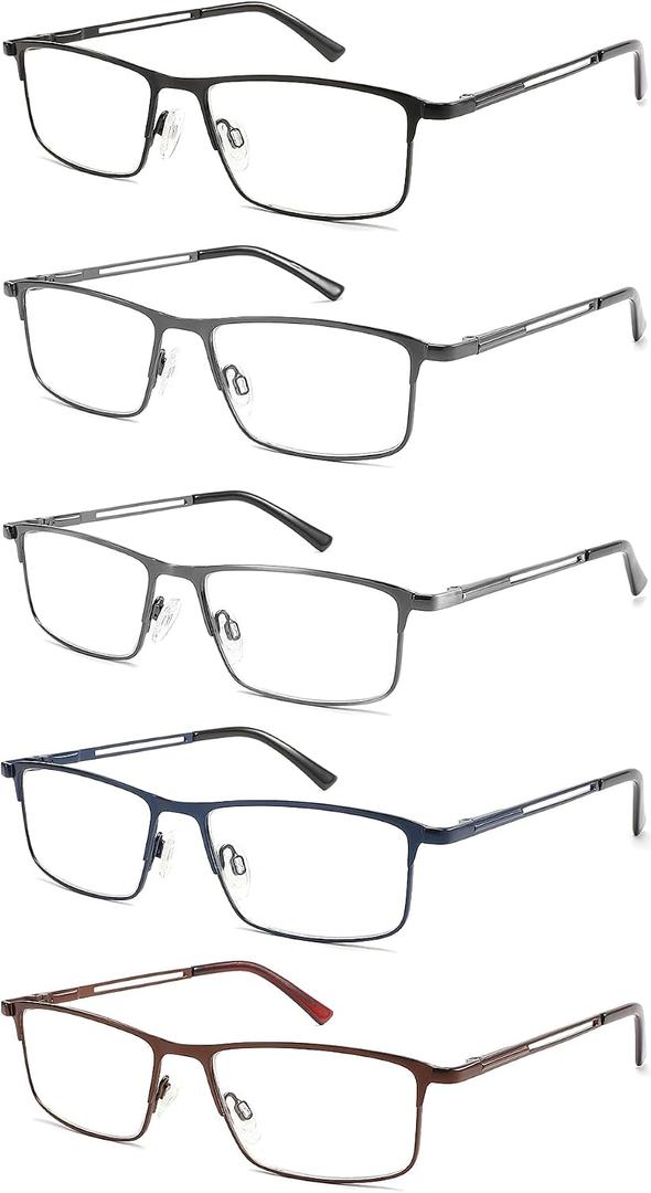 5 Pack Reading Glasses for Men,Metal Full Frame Blue Light Blocking Spring Hinges Readers,Anti Glare/UV/Eyestrain +2