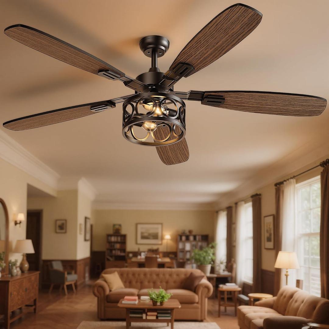 Ceiling Fans with Lights and Remote, 42'' Vintage Caged Ceiling Fan with Light, 5 Blades, 6+1 Speed, Flush Mount Ceiling Fan Whisper-quiet for Farmhouse, Living Room, Kitchen and Porch (42 Inch)