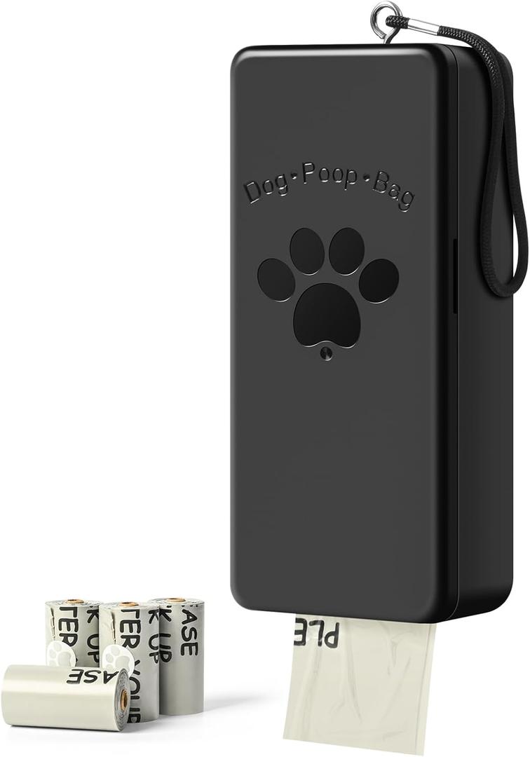 Dog Poop Bag Dispenser, Wall-Mounted Dog Bag dispenser Outdoor or Indoor for Doggy and Pets, Black Poop Holder for Yard and Park, Included 4 Rolls (60 Bags)