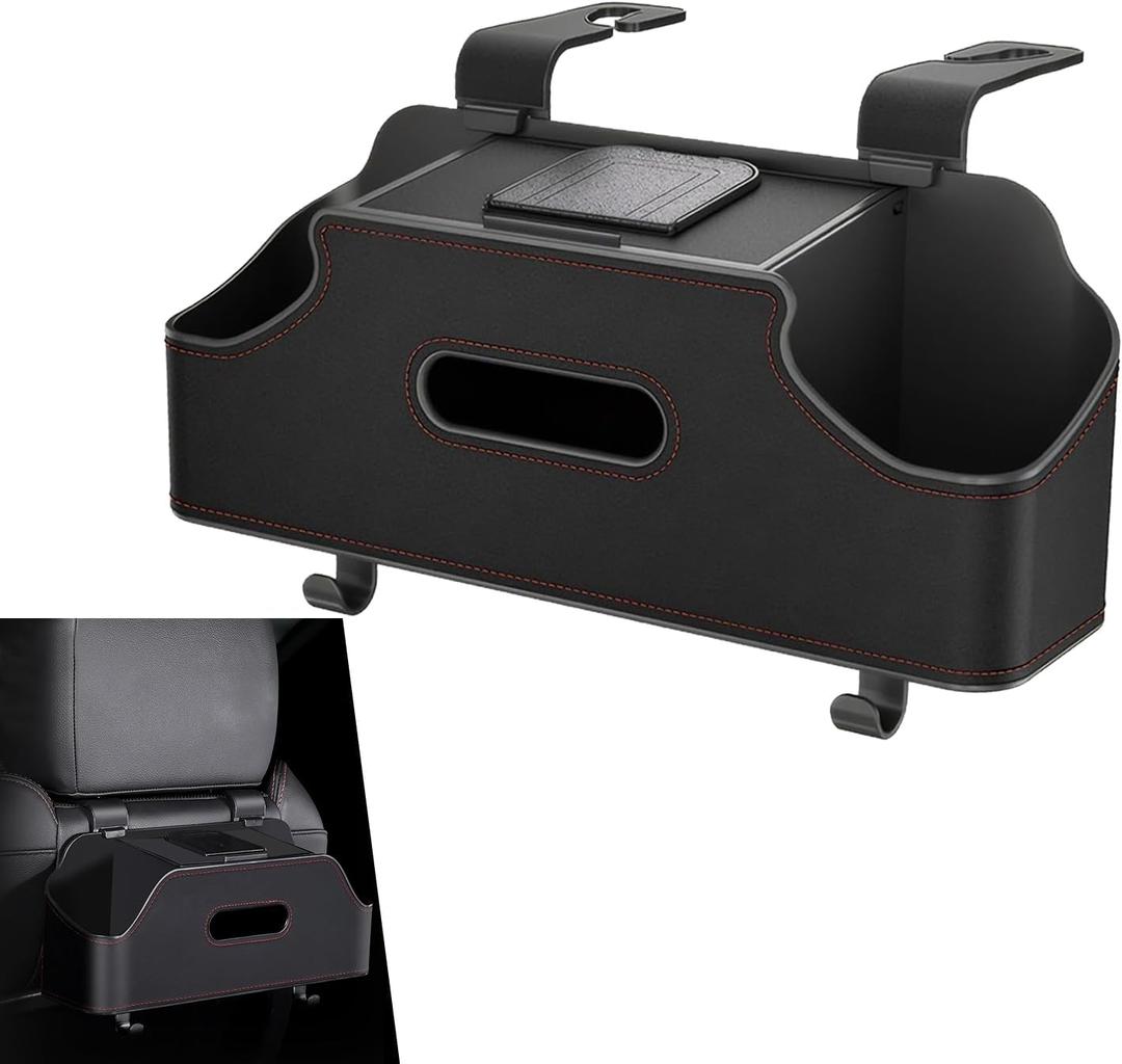 Car Seatback Organizer with Cup Holder, Leather Headseat Tissue Box and Storage Box, Multifunction Auto Rear-mounted Mobile Phone Holder, for Most Cars (Black) (1 PC)