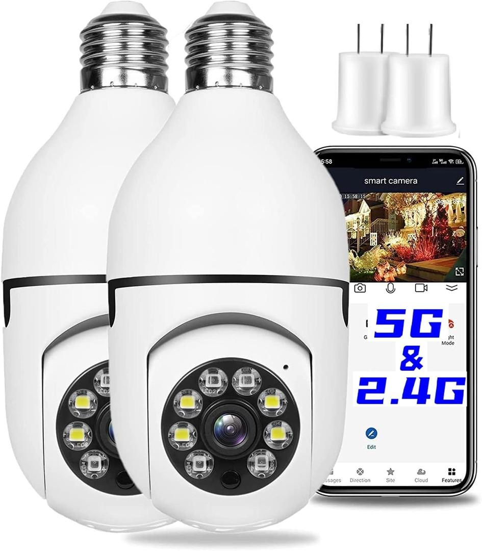 2Pcs Light Bulb Security Camera 2.4GHz & 5G WiFi Outdoor, 1080P E27 Light Socket Security Camera, Indoor 360 Home Security Cameras, Full Color Day and Night, Smart Motion Detection (2PCS, Support 5G)