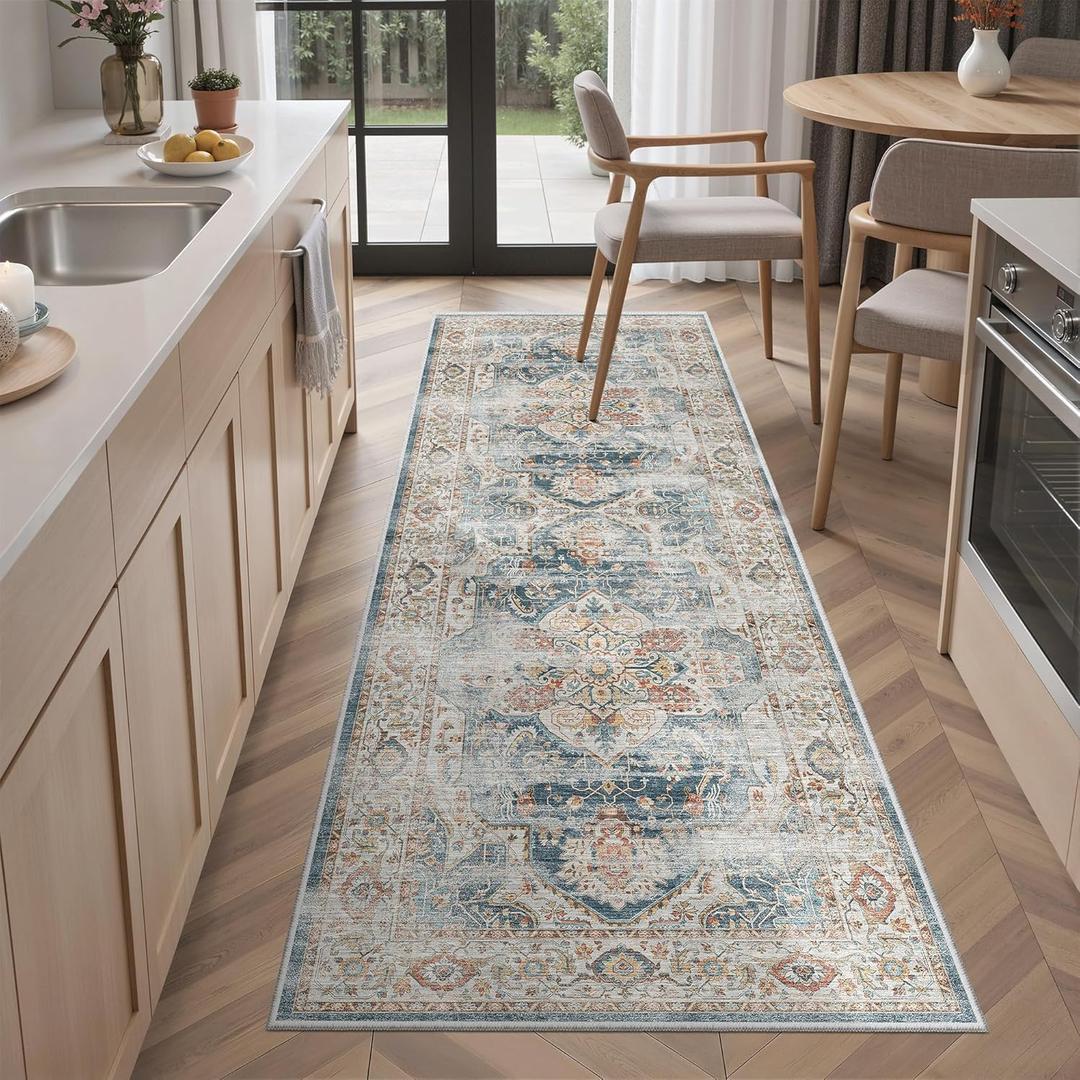 Madane Washable Runner Rug - 2x6 Rug Runners for Hallways 6 Feet Non Slip Vintage Kitchen Runner Rug Ultra-Thin Bathroom Runner Rugs Carpet Laundry Room Bedroom (2x6ft, Navy)
