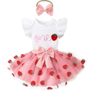 YOUNGER TREE Baby Girl 1st Birthday Outfits One Year Old Clothes Romper Tutu Cake Smash Skirt with Headband Baby Girl Gifts (12-18 Months, Sweet One Strawberry)