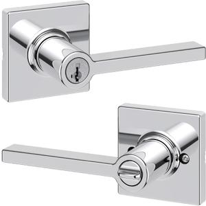 Kwikset Casey Entry Door Handle with Lock and Key, Secure Keyed Reversible Lever Exterior, Doorlock, For Front Entrance and Bedrooms, Polished Chrome , Pick Resistant Smartkey Rekey Security (1 Pack)