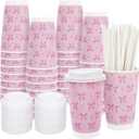 50 Set 16 Oz Pink Bow Disposable Coffee Cups with Lids and Straws Coquette Bowknot Corrugated Paper Drinking Cups for Hot Cold Drinks Birthday Baby Shower Bachelorette Party Supplies