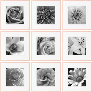 eletecpro 12x12 Aluminum Picture Frames Set of 9 Minimalist Gallery Wall Frame Set Display 8x8 Photo with Mat or 12x12 No Mat, Sleek and Elegant Collage Frames for Wall Decor, Rose Gold