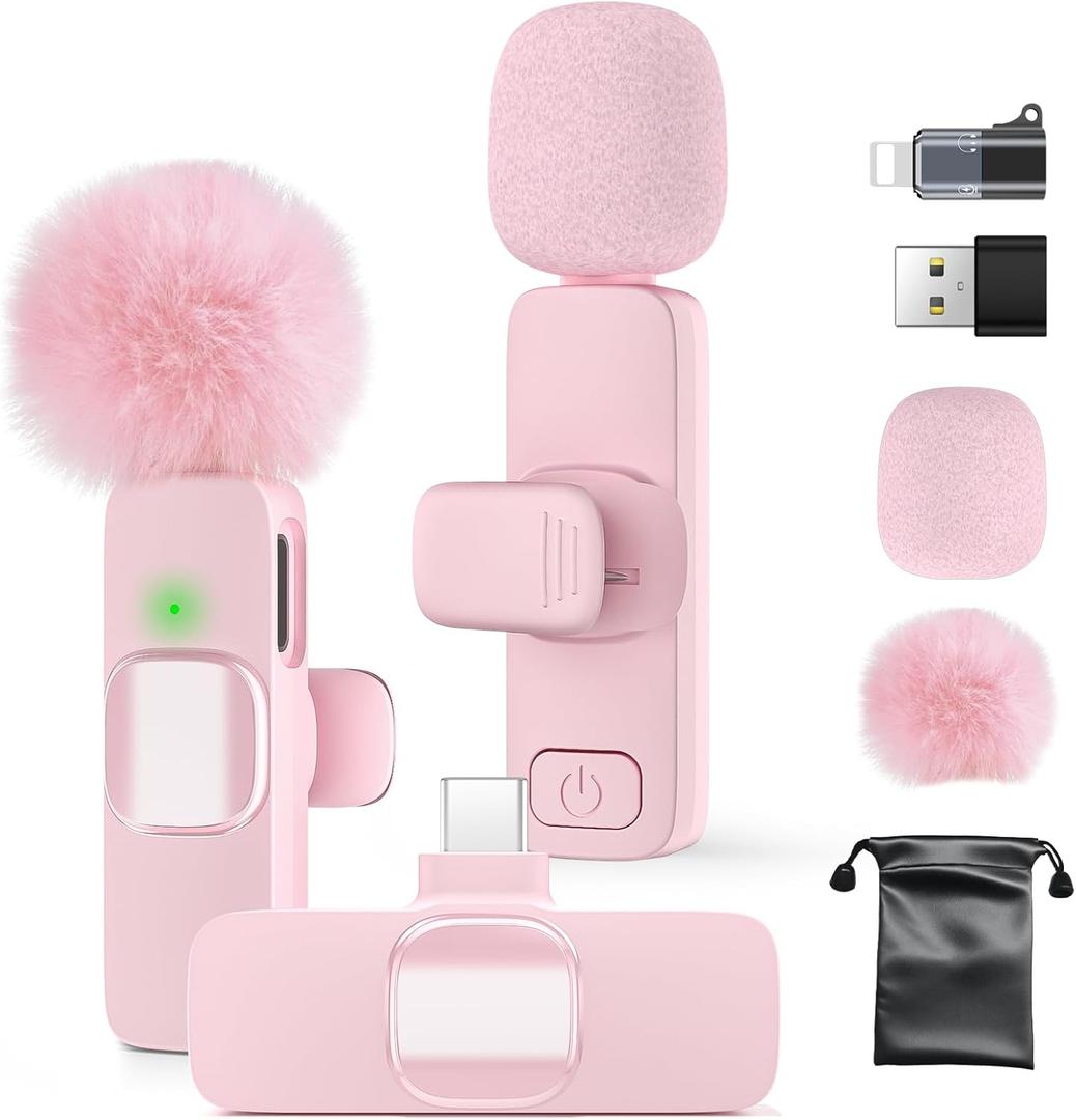 Mini Wireless Lavalier Microphone for iPhone 16/15/14/Android, Lapel Mic with Noise Reduction, 12H, 65ft, Pink Tiny Microphone Content Creator Interview for Vlog YouTube TikTok Recording (Pink)