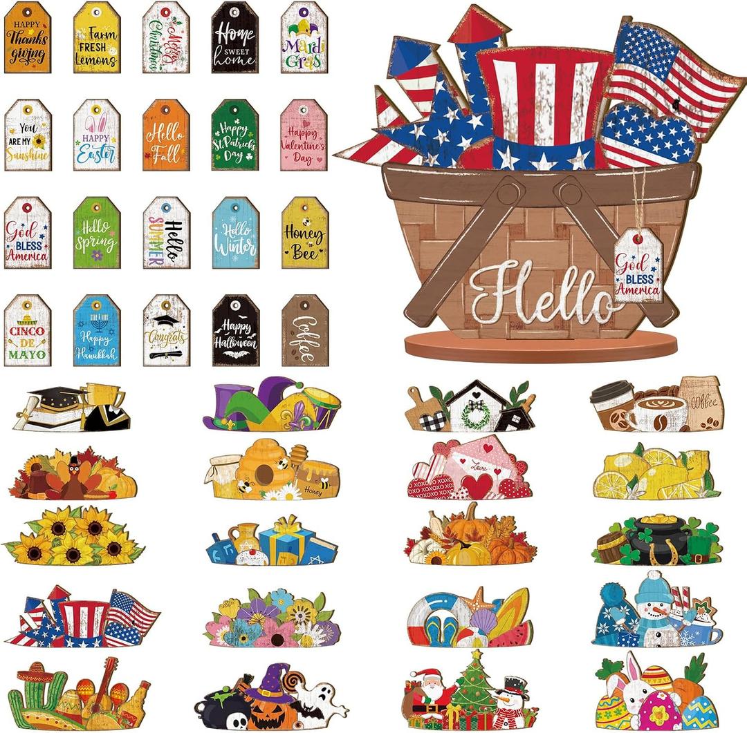 42 Pcs Small Interchangeable Flower Basket Memorial Day Decor Holiday Seasonal Sign Wood Rustic Farmhouse DIY Hanging Drop July 4th Home Office Desk Accessories Tiered Tray Decoration Gift