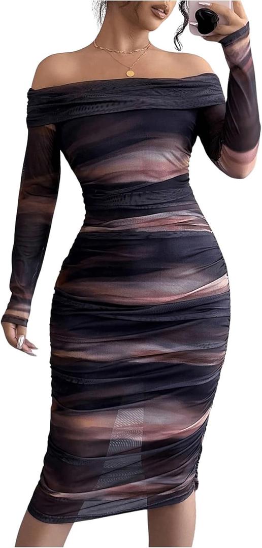 Floerns Women's Off Shoulder Ruched Bodycon Dress Tie Dye Long Sleeve Mesh Midi Dress (Medium, Dark Grey)