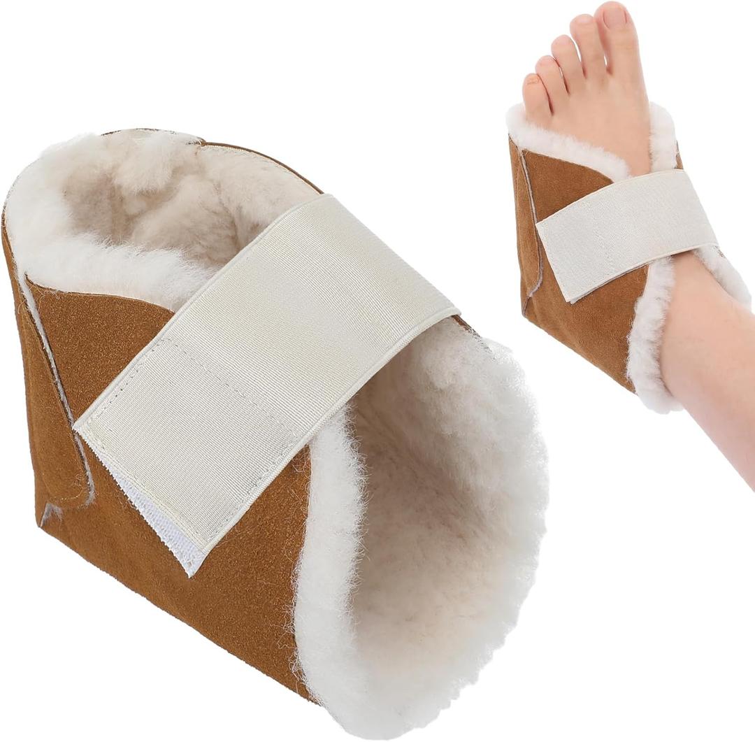 1 Pcs Heel Protector for Pressure Sores Boot Sheepskin Heel Pad Soft Foot Cushions Pad Adjustable Foot Pillows with Securing Strap for Protect Feet Ankle Pressure Bed Sores(Light Khaki)