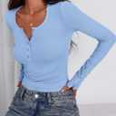 PRETTYGARDEN Women's 2025 Summer Long Sleeve Henley T Shirts Ribbed Knit Button Slim Fitted Basic Casual Going Out Fall Tops (Blue, XS)