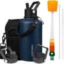 Insulated Water Bottle 64oz,Triple Wall Vacuum Stainless Steel(Dishwasher Safe),Leak Proof & Non-BPA,Flask Jug with Paracord Handle & Straw Spout Lids Sports Navy Blue