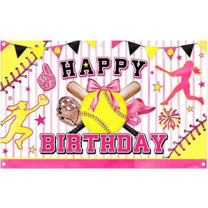 96x60inch Pink Softball Happy Birthday Backdrop Watercolor Bowler Yellow Star Sports Themed Photography Background Girls Kids Teens Party Decoration Photo Props