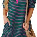 BLENCOT Summer Stripes Dresses for Women Casual Lapel Collared V Neck Puff Short Sleeve Color Block T Shirt Dresses Green XL