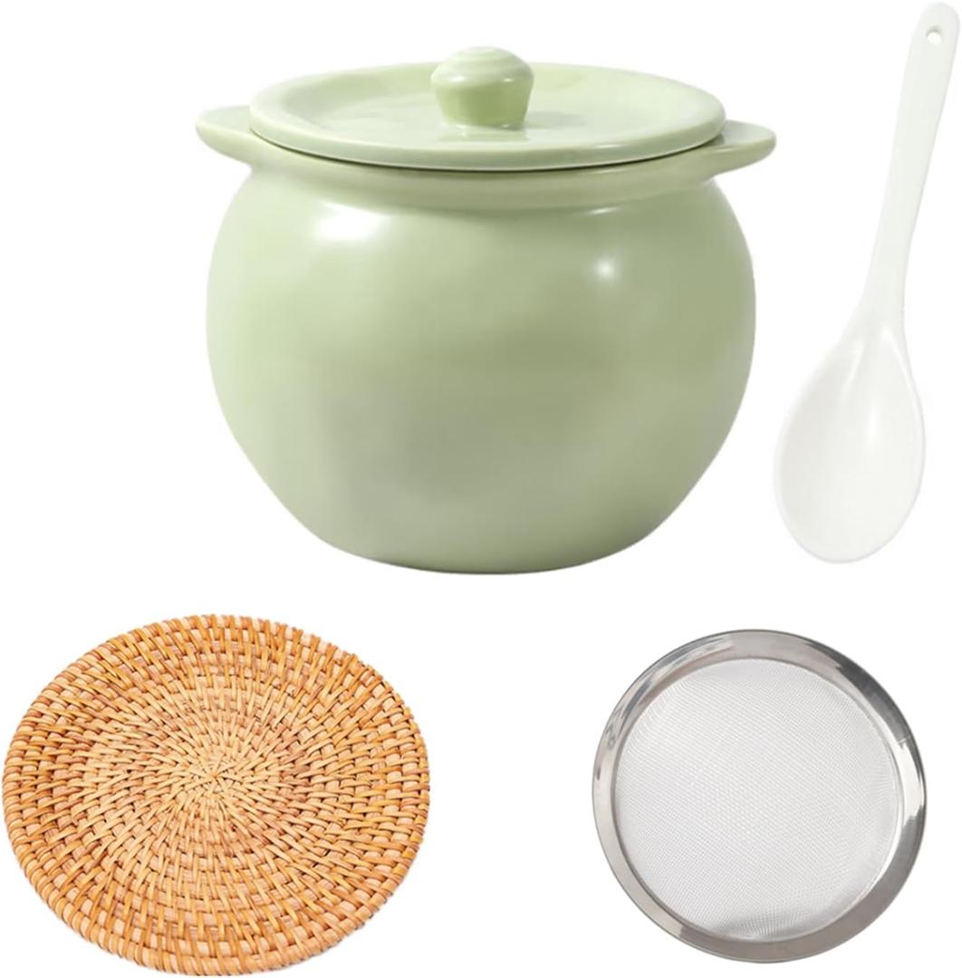 Ceramic Bacon Grease Container with Strainer,23oz Oil Strainer Grease Can Oil Storage Container,Oil Storage Container for Kitchen (Green)