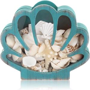 CroBlissful Seashell Holder Seashell Display Box Wooden Small Starfish Shell Display Case with Acrylic Clear Window Shark Tooth Collection Box for Shells Sea Rock Home Decor Present(Green,Shell)
