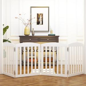 SPIRICH Wooden Freestanding Foldable Dog Gate, 96" Extra Wide 28" Tall, White