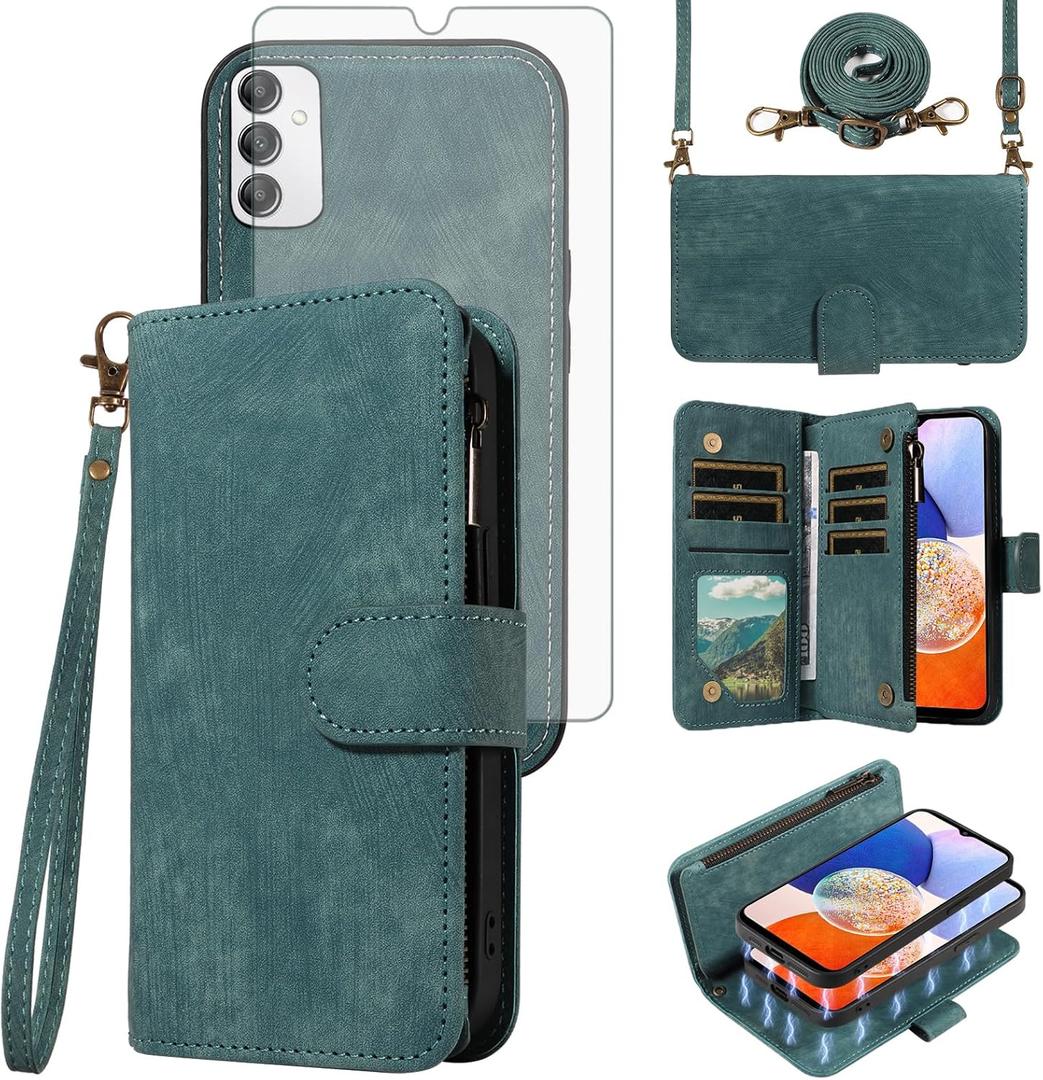 Asuwish Phone Case for Samsung Galaxy A14/M14 5G Zipper Wallet Detachable Magnetic Cover with Tempered Glass Screen Protector Crossbody Lanyard Strap Card Holder A 14 4G 14A 14M G5 Women Girls Blue