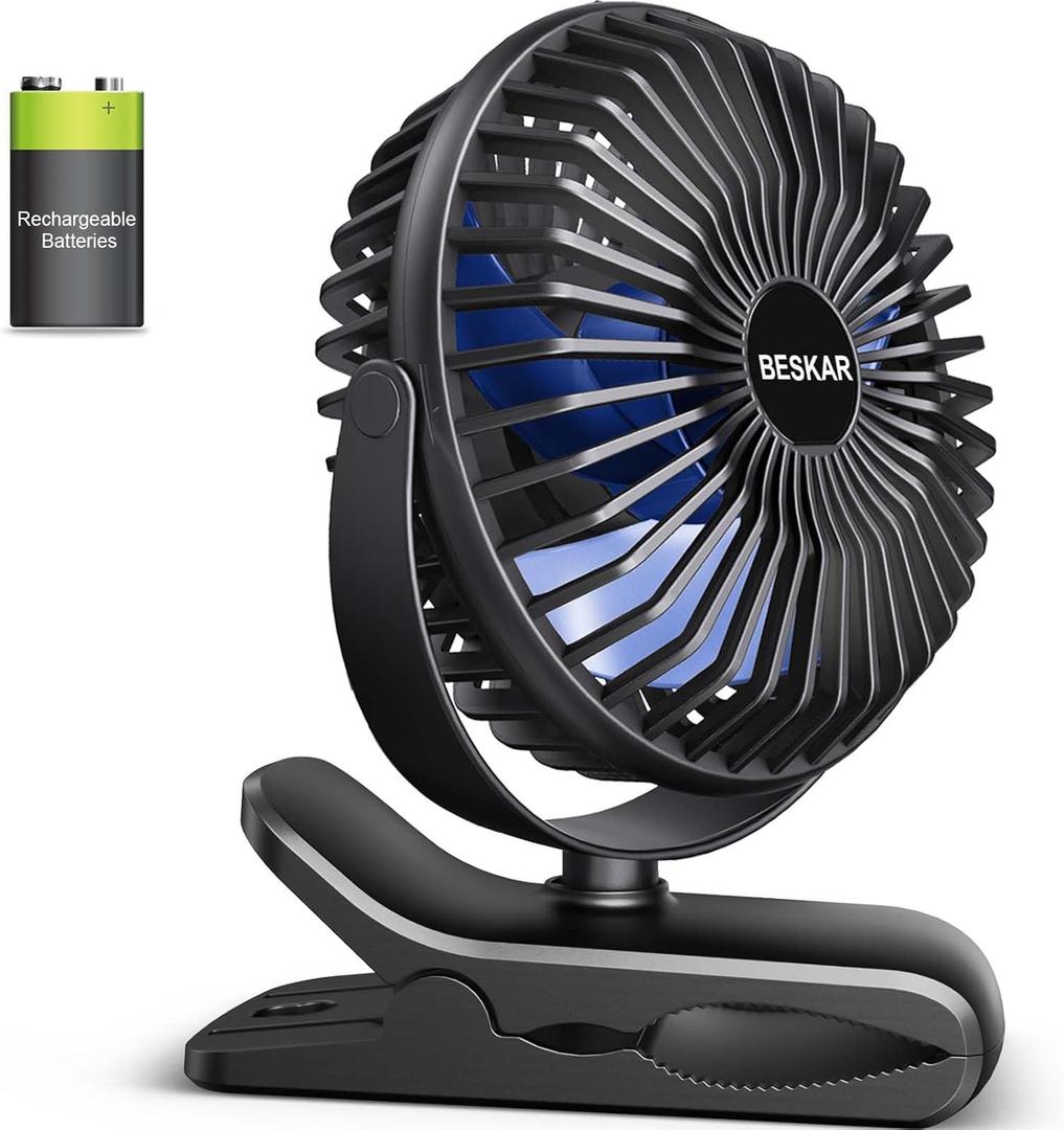 BESKAR Portable Clip on Fan Rechargeable, 4 Speeds Small Battery Operated Fans, USB Desk Fan with Strong Airflow, Sturdy Clamp Fans for Golf Cart Office Outdoor Travel Camping (Black Blue)