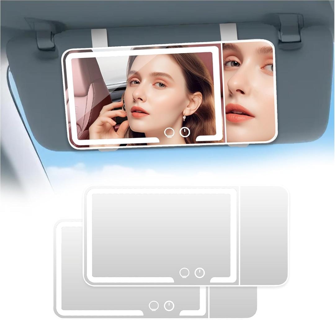 2 pack Car Sun Visor Vanity Mirror Rechargeable Led 3 Light Modes,Dimmable Touch Screen,Side with triple magnification mirror image (2)