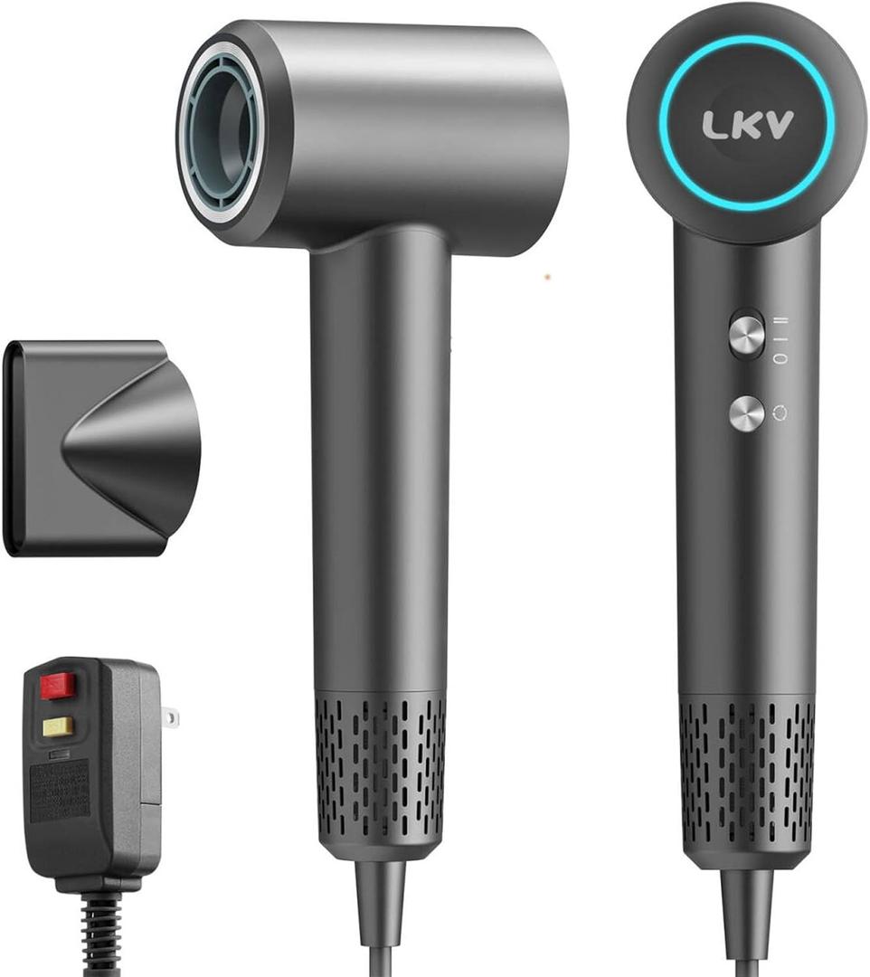 LKV Hair Dryer,Professional Ionic Hair Dryer with 200 Million Negative Ions,1500W High-Speed Ionic Blow Dryer for Fast-Drying, Low Noise with Nozzle, Lightweight for Home Salon and Travel-Dark Gray