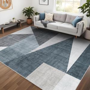 Washable Modern Area Rug: 6x9 Geometric Area Rugs for Living Room & Bedroom with Non-Slip Backing Modern Geometric Carpet for Living Room Blue Grey 6'x9'