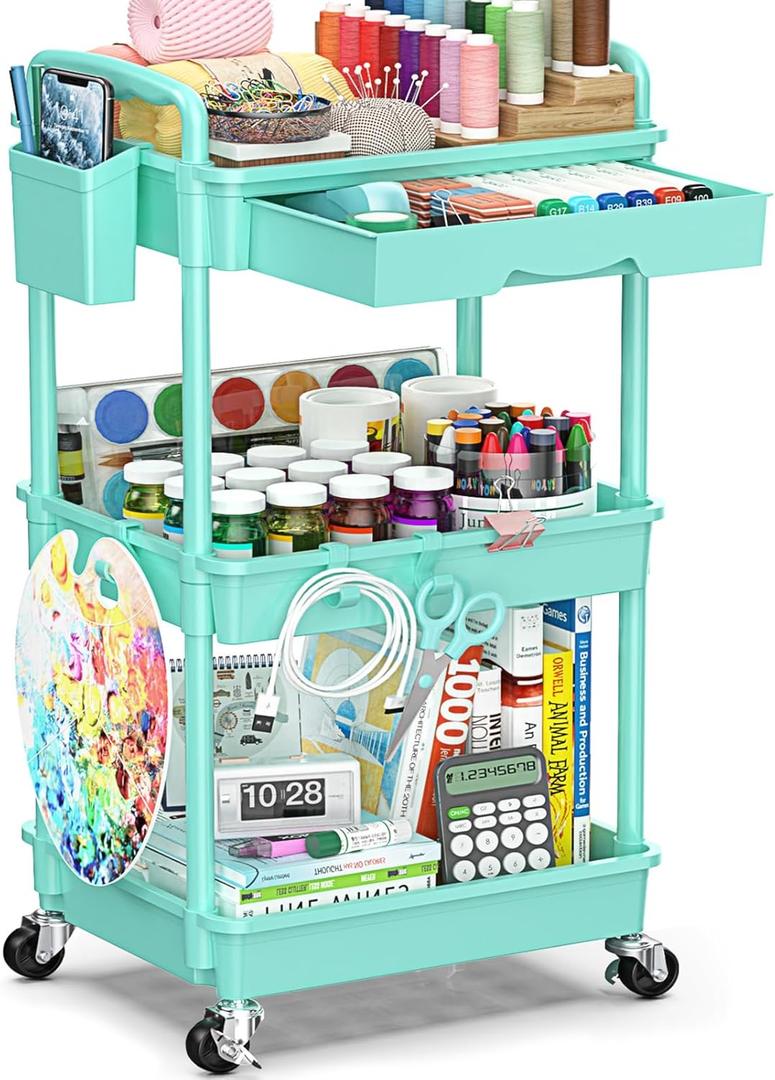 3-Tier Rolling Cart with Drawer & Lockable Wheels, Bathroom Storage Organizer Multifunctional Rolling Storage Cart for Bathroom, Kitchen, Office, Craft, Makeup, Baby Essentials, Blue