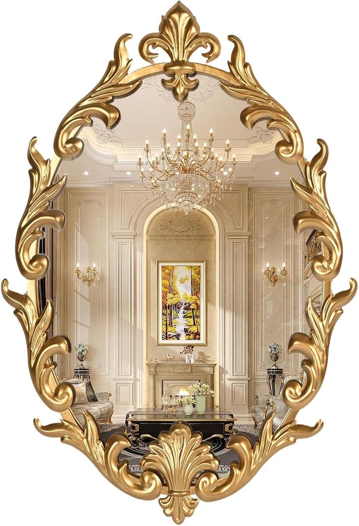 Oval Gold Baroque French Vintage Wall Mirror, 24"x16" Antique Vanity Ornate Decorative Mirror with Metal Frame, Carved Pattern for Living Room, Entryway, Hallway, Bedroom,Bathroom