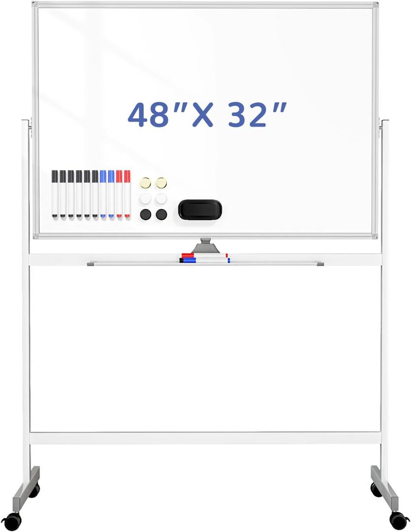 Lumspax Rolling White Board on Wheels, 48" x 32" Large Dry Erase Board with Stand, Big Rolling Whiteboard for Home, Office, School