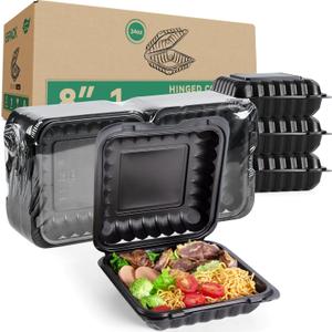 To Go Containers, BPA-Free Plastic Take Out Boxes with Lids 55-Pack 34oz MFPP Reusable Meal Prep Container for Food Storage Takeout, Hinged Clamshell Design for To-Go Lunch Salad Breakfast (8" Black 1 section togo box)