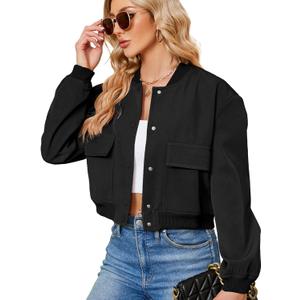 Zando Womens Bomber Jacket Button Down Short Cropped Jackets Long Sleeve Baseball Varsity Jacket Casual Jackets with Pockets (Medium, Black)