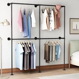 Industrial Pipe Clothing Rack Wall Mounted Garment Rack,Black Clothes Rack Retail Display Hanging Rod for Closet Storage,Laundry Room (71Inch)