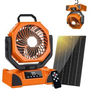 20000mAh Solar Camping Fan, Portable Rechargeable Battery & Solar Powered Fan with 7W Solar Panel, Remote Control, Auto Oscillating, LED Display, Light, Timer for Outdoor Camp, Beach, Travel Tent