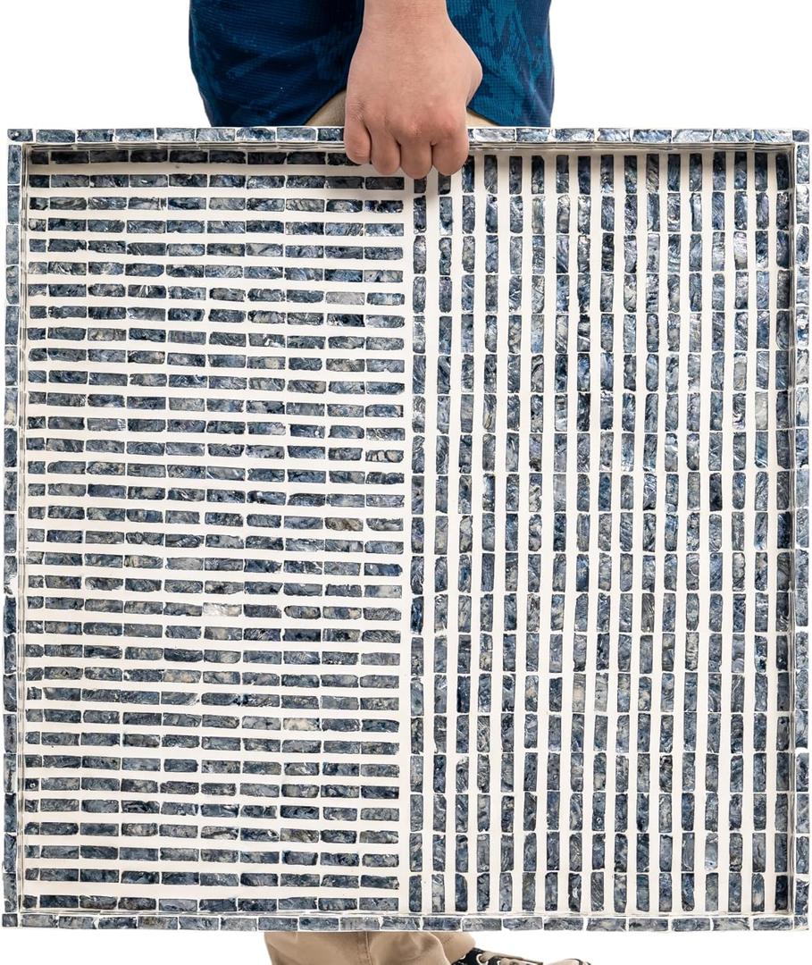 PEMAR Mother of Pearl 23.6" Square Extra Large Ottoman Tray with Insert Handles, Oversized Decorative Luxury Wooden Serving Tray for Food, Coffee Table, Breakfast in Bed (Dark Grey - White)