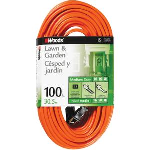 Southwire Woods 100ft Outdoor Extension Cord  Bright Orange, 16/2 Two-Prong  Durable SJTW Jacket for Landscaping & Light-Duty Power  Molded Plug