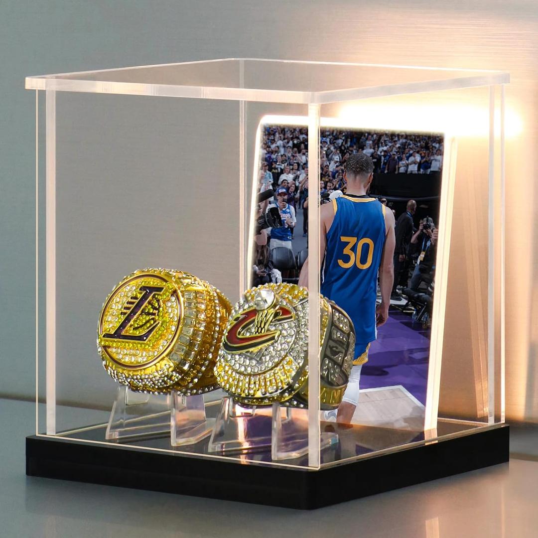 LANSCOERY Acrylic Championship Ring Display Case with 3Color LED Light, DustProof Door & Dual Stands + Photo Frame Clear Memorabilia Showcase Box