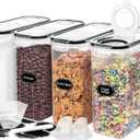 Skroam 4PCS Cereal Containers Storage [4L/135.2 oz], Airtight Food Storage Containers with Pour Spout for Kitchen & Pantry Organization Storage, Plastic Cereal Dispensers, Measuring Cup & 20 Labels (4 PACK)