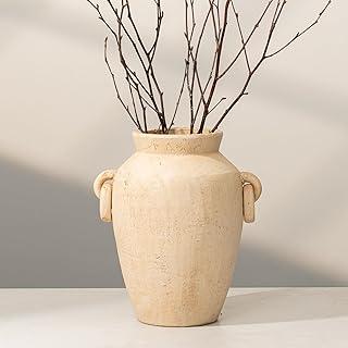 9.45 Inch Tall Vintage Ceramic Flower Vase with Handles, Rustic Farmhouse Vase for Home Decor, Distressed Decorative Terracotta Vase for Table Centerpiece Entryway Living Room Bedroom (M)