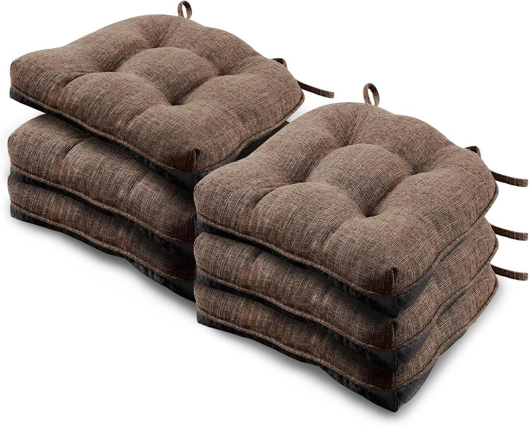 Basic Beyond Chair Cushions for Dining Chairs 6 Pack, Kitchen Chair Cushion with Ties and Non Slip Backing, 15.5 x 15.5 inches Tufted Chair Pads for Dining Chairs, Brown