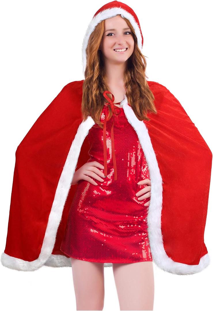 Blulu Christmas Cloak Santa Claus Cloak Velvet Hooded Cape Costume for Women (Medium, Red)