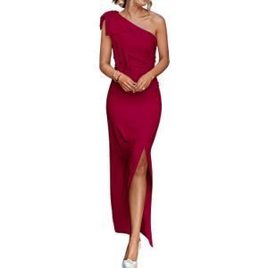 PRETTYGARDEN Women's Summer One Shoulder Long Formal Dresses Sleeveless Ruched Bodycon Wedding Guest Slit Maxi Dress (Wine Red)