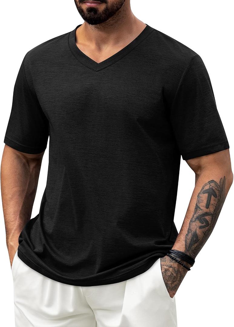 NIASHOT Mens T Shirts Short Sleeve Classic V Neck T-Shirt Casual Summer Basic Tee Shirt (Black, M)